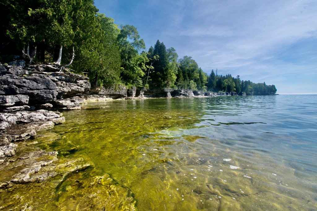 The rocky shoreline of Lake Michigan in Door County, Wisconsin.