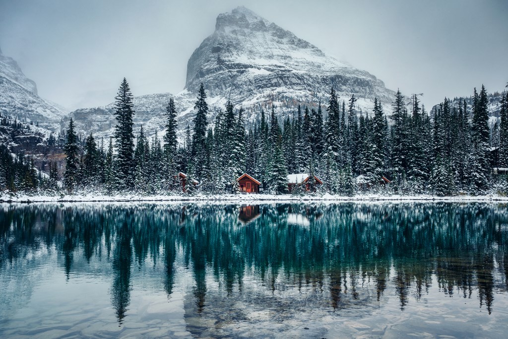 Wooden lodge in pine forest with heavy snow reflection on Lake O'hara at Yoho national park, Canada