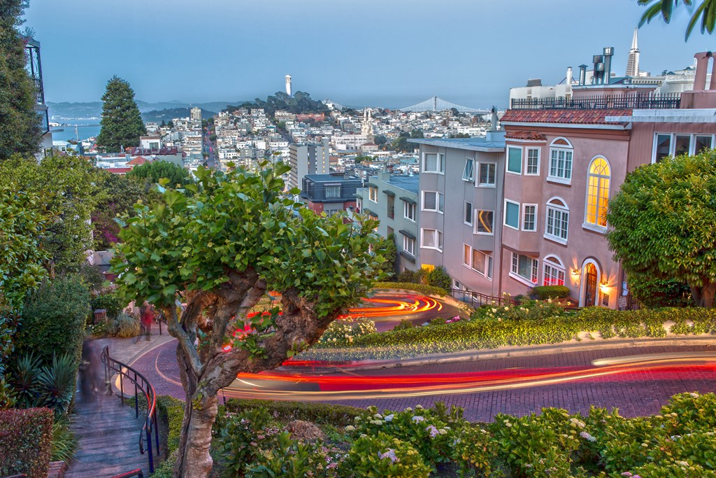 An evening view of the hills of San Francisco from the top of Lombard Street.