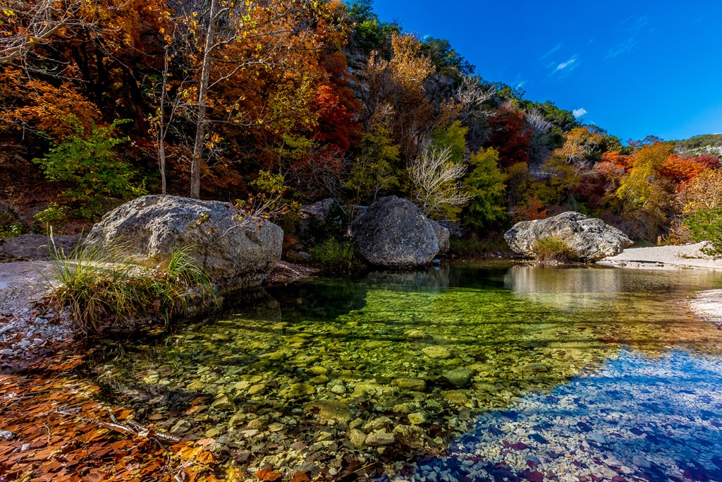 A Crystal Clear Pond Surrounded by the Beautiful Fall Foliage of Lost Maples State Park, Texas.