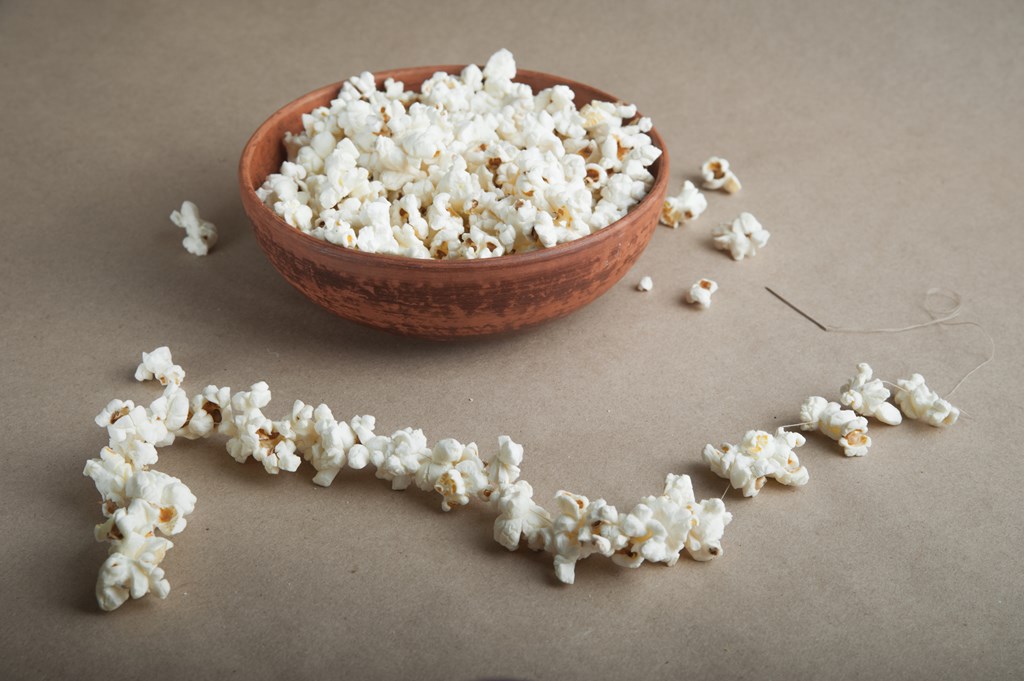 Stringing popcorn on a string to make garland.