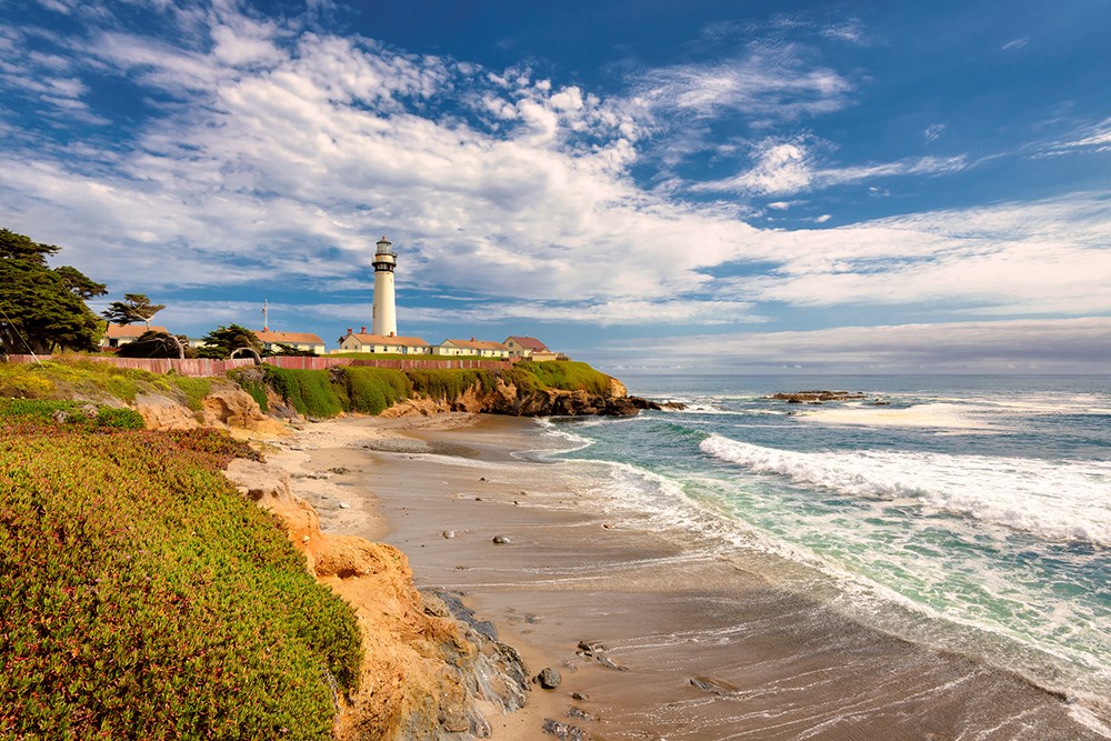 California beach with lighthouse