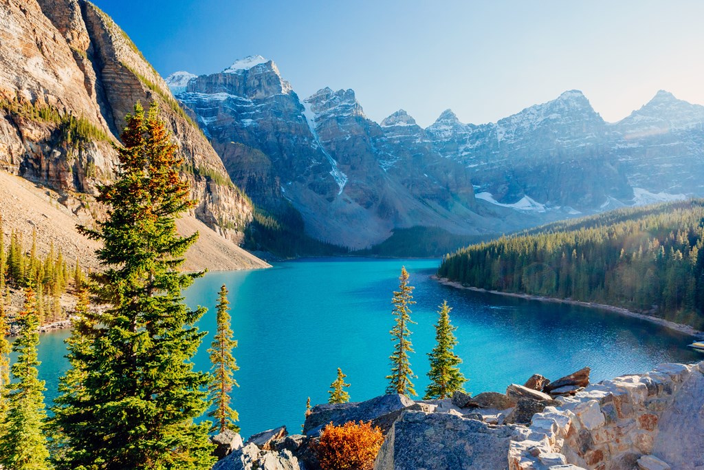 Moraine Lake is a glacially-fed lake in Banff National Park 14 km outside of Lake Louise, Alberta, Canada. It is situated in the Valley of the Ten Peaks, at an elevation of approximately 1885 m.