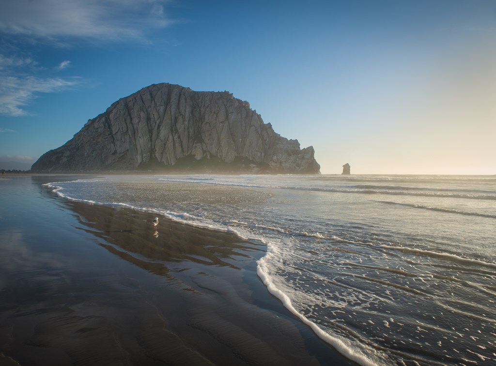 Morro Rock, a large rock outcropping on the beach, at Morro Bay State Park.