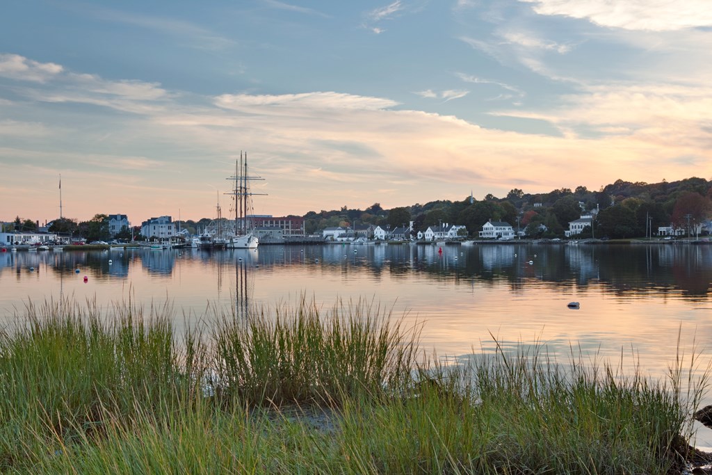 Historic Mystic Seaport in Connecticut after sunset.