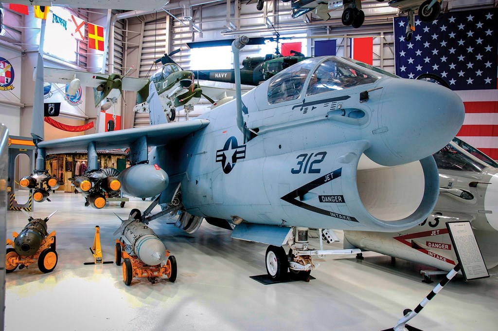 An A-7E Corsair II aircraft on display at the National Naval Aviation Museum.