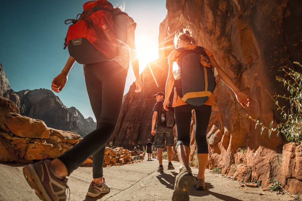 Hikers with backpacks walk on the trail in canyon of Zion National Park, USA