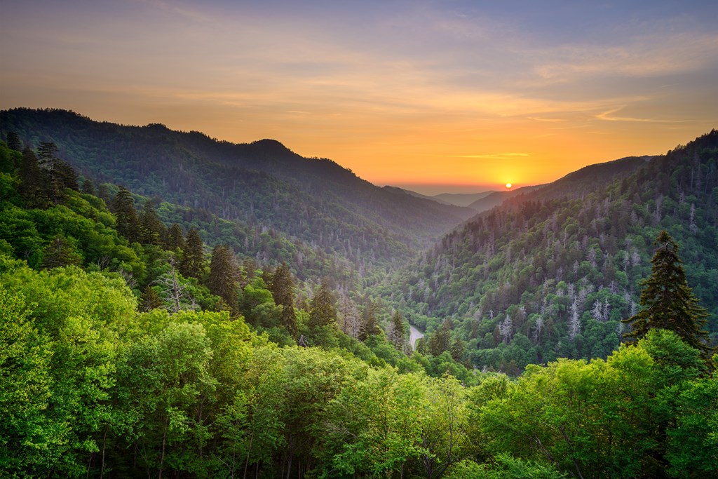Sunset at the Newfound Gap in the Great Smoky Mountains near Gatlinburg, Tennessee, USA.