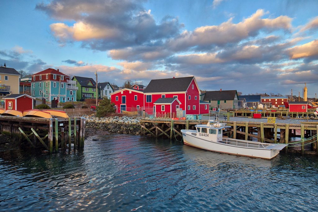 Sunset over a quaint fishing village.