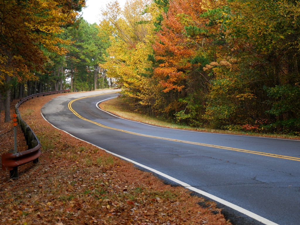 Dramatic shot of curbing roadside view at the Talimena National Scenic Byway in Oklahoma.