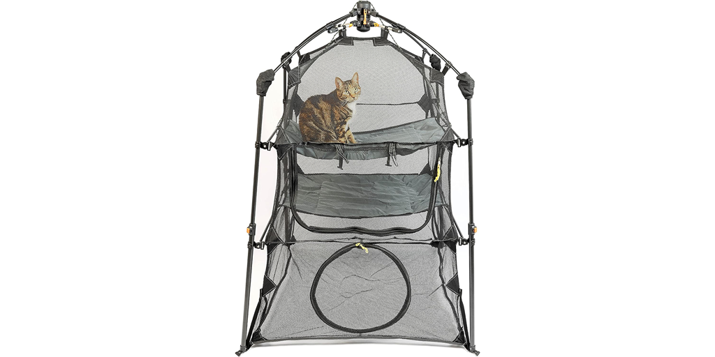A multi-layer outdoor cat enclosure.