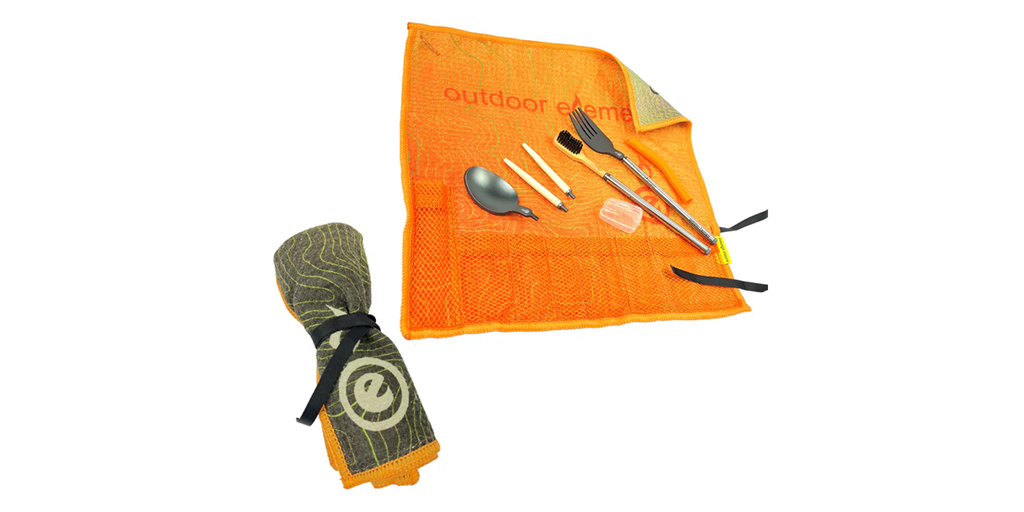 Camping utensil set on a white background.