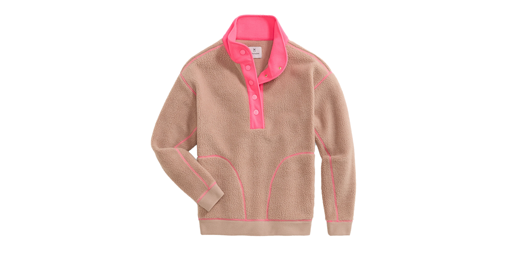 Pink fleece pullover on a white background.