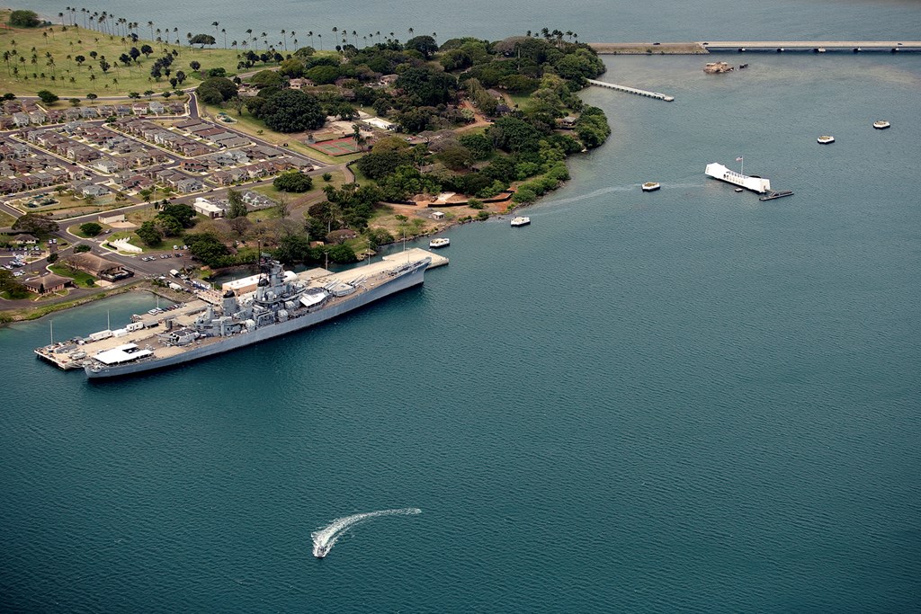 Aerial of USS Arizona and USS Missouri Pearl Harbor Hawaii
