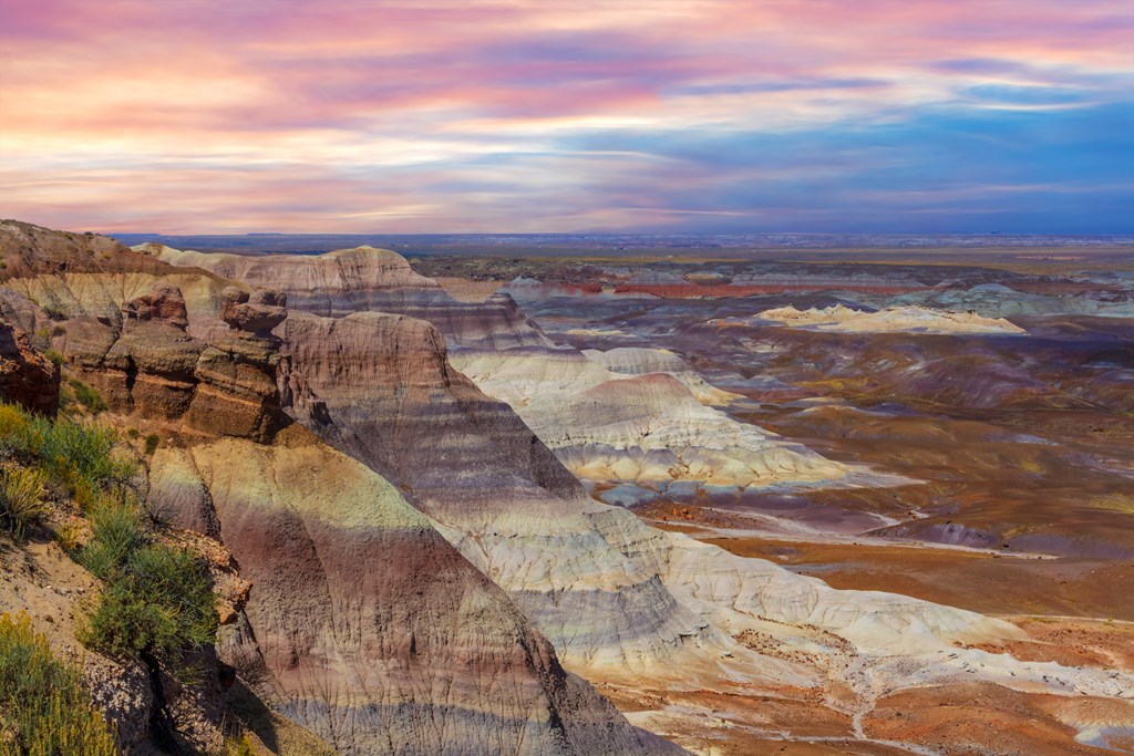 View of the Blue Mesa area in the Petrified Forest National Park in Arizona with stormy cloudy sky.