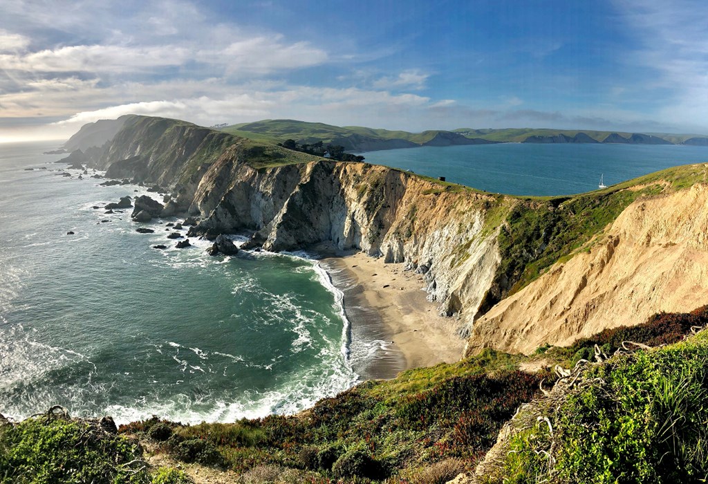 View of the California coastline along the Point Reyes National Seashore at Chimney Rock trail and Drakes Bay.