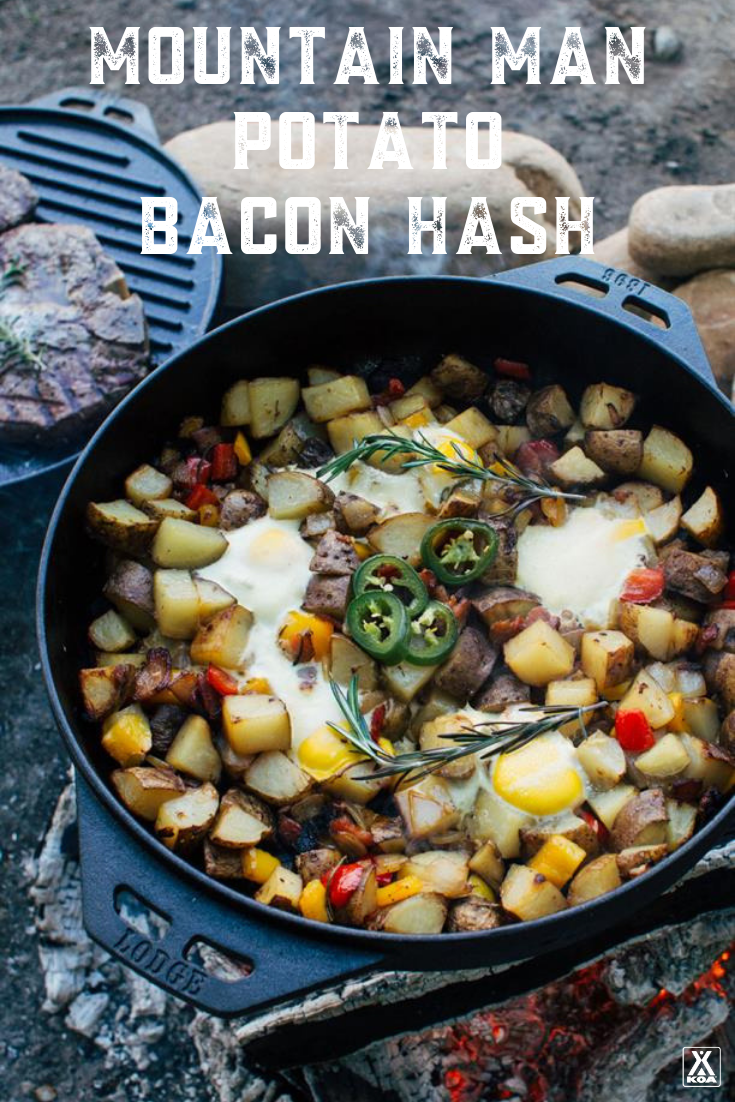 Make the perfect camping breakfast with this hearty hash recipe. Filled with potatoes, bacon and eggs it's a cast iron camping breakfast that's sure to please.