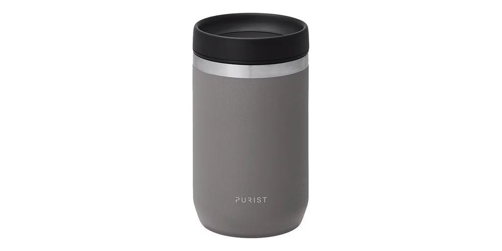 Gray travel mug with a black lid on a white background.