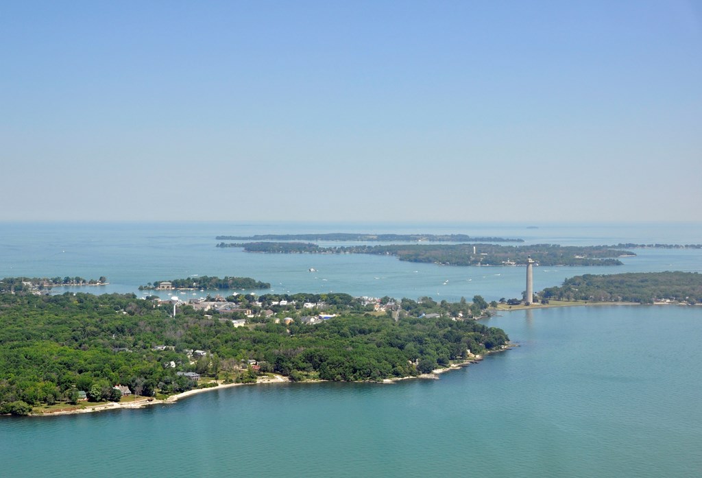 Aerial view of the Bass Islands, Lake Erie; Put-in-Bay on South Bass Island in the foreground, Ohio.