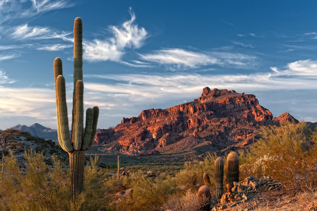 The setting sun creates a stunning lightshow on Red Mountain and the Sonoran Desert near Phoenix, Arizona.