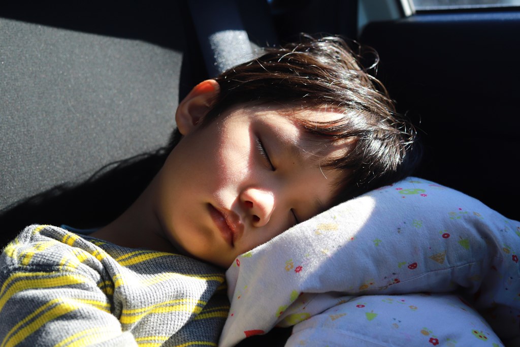 Sleeping boy using a pillow in back seat of a car on a road trip.