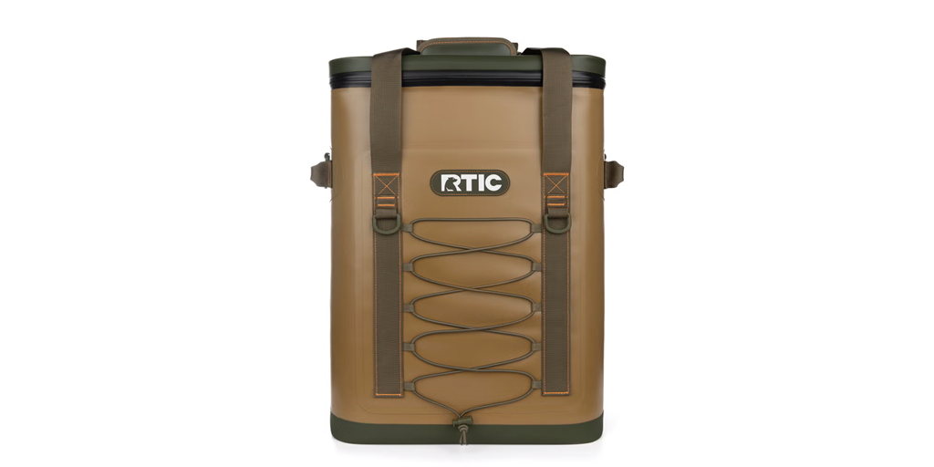 Tan backpack cooler on a white background.
