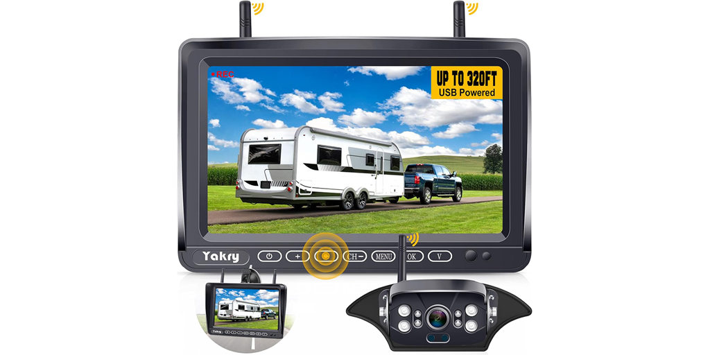 Backup camera with wireless screen on a white background.