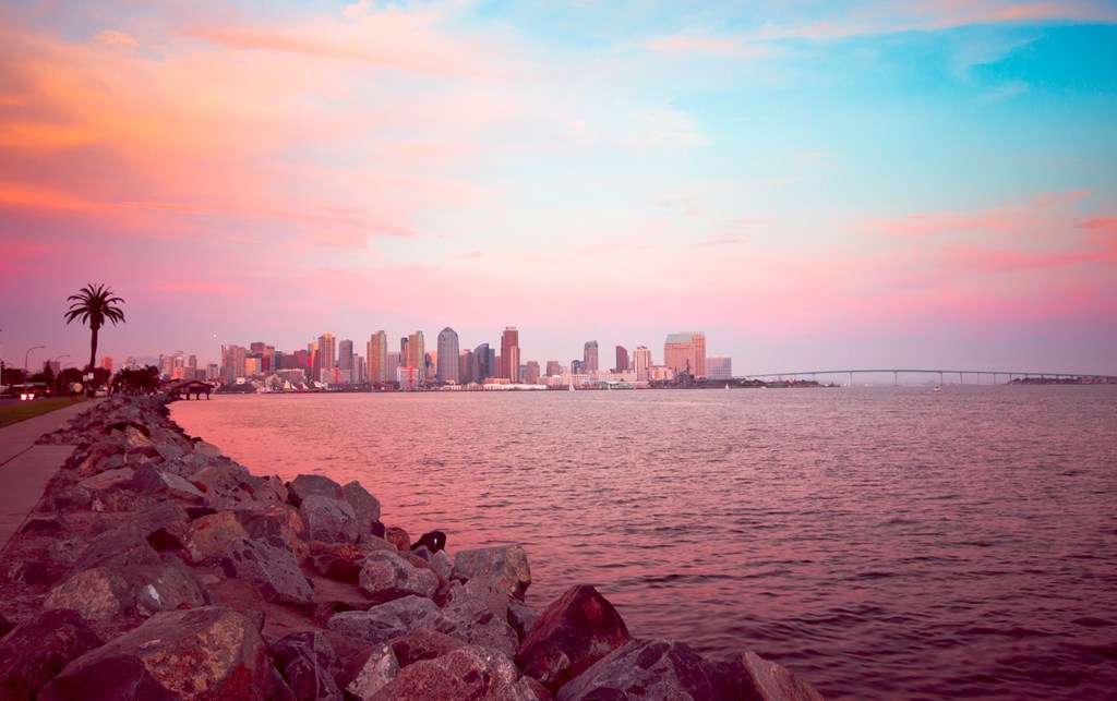 San Diego California skyline and bay at dusk