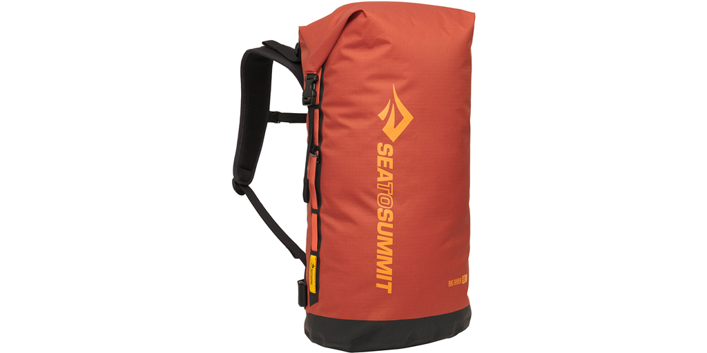 Orange dry bag backpack.