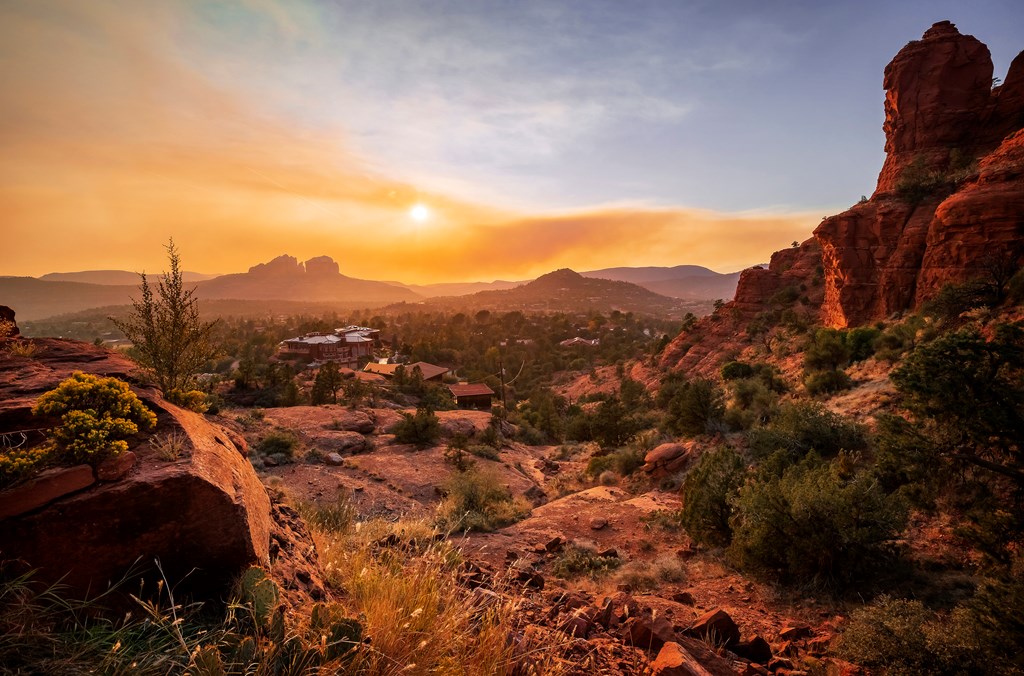 Sedona at sunset view from the Chapel of the Holy Cross.