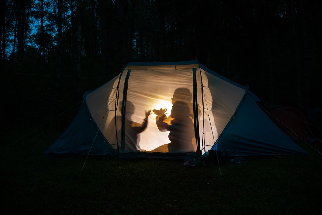 Silhouettes of children playing in camping tent at night making shadow puppets with flashlight. 