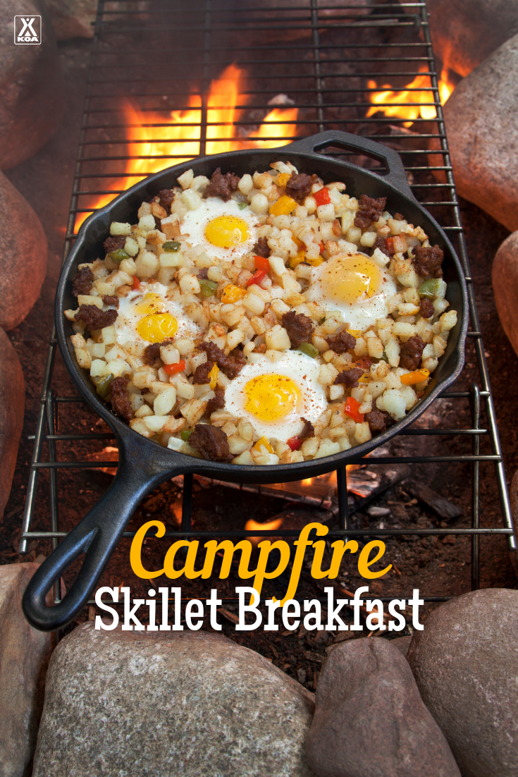 Make a classic camping breakfast with our campfired skillet breakfast recipe. #camping #campingfood #recipe
