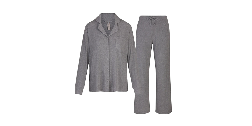 Gray sleepwear set with a button-up top on the left and pants on right, white background.