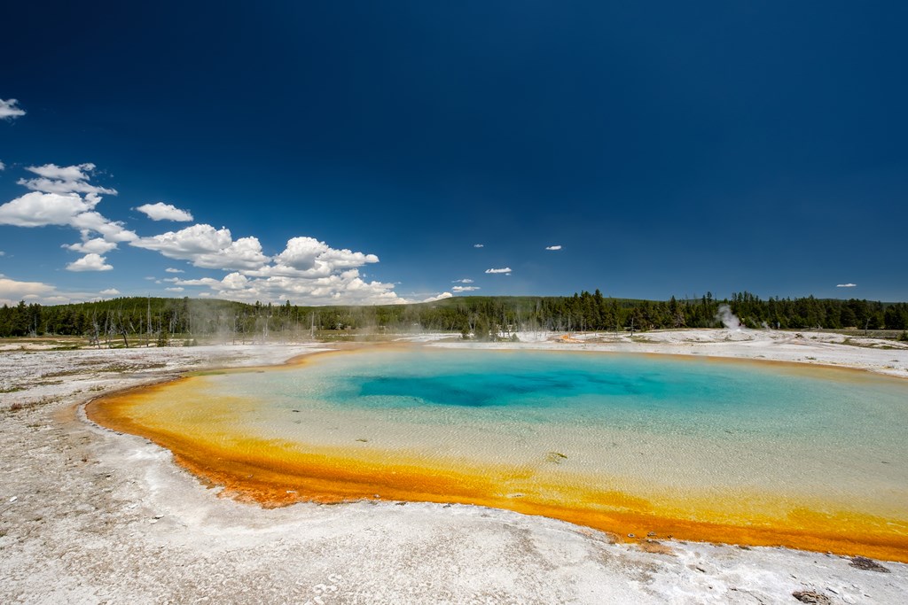 A thermal spring shows bright blue and yellow in the Black Sand Basin area of Yellowstone National Park.