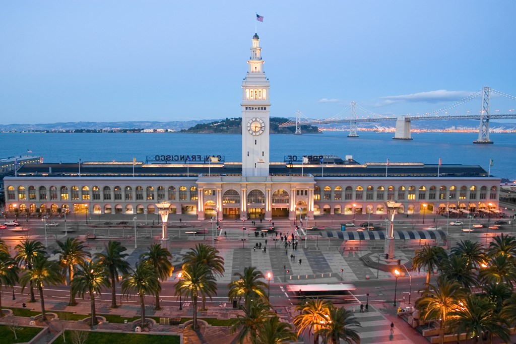 The Embarcadero Building at dusk in San Francisco, California.