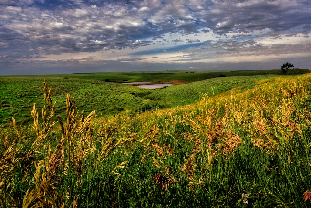 Moody sky over the rolling Flint Hills of Kansas.