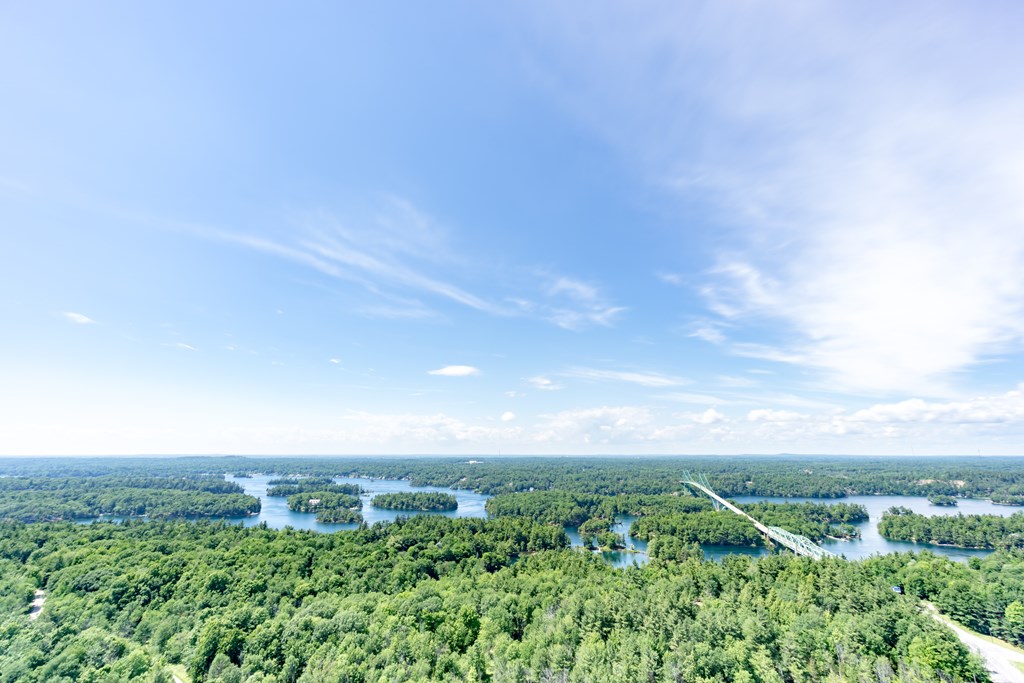 The Thousand Islands lies on the border of Ontario, Canada and New York Stae, USA on the St Lawrence River, green trees and bright blue summer sky