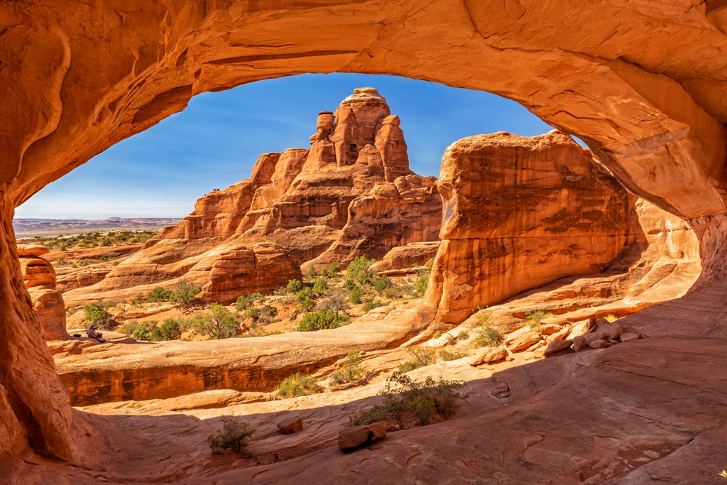 Looking through Tower Arch in the Klondike Bluffs area of Arches National Park, Utah.
