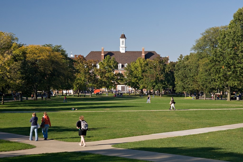 A beautiful fall day on the quad of the University of Illinois in Champaign. The Student Union is in the background.