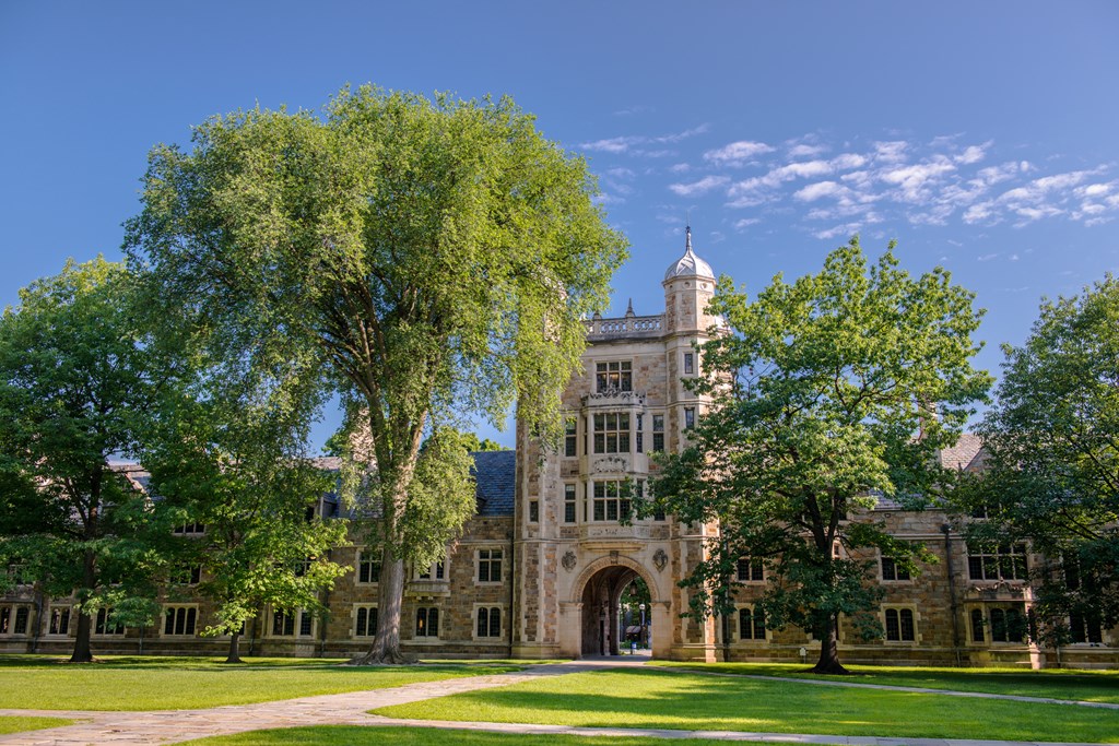 University of Michigan Law School, Ann Arbor, Michigan, USA. This campus is known as the Law Quad. The buildings show the Lawyers Club, a dormitory.