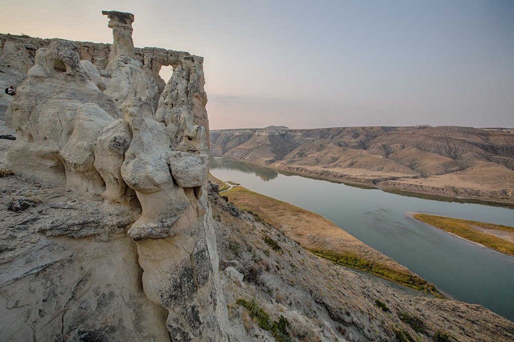 View of the Missouri River from a tall rock outcropping.