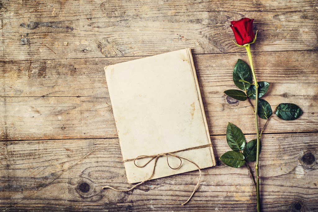 A journal and a red rose shot from above on a rustic wood background helps paint the scene for Love Test, a short spooky story for kids