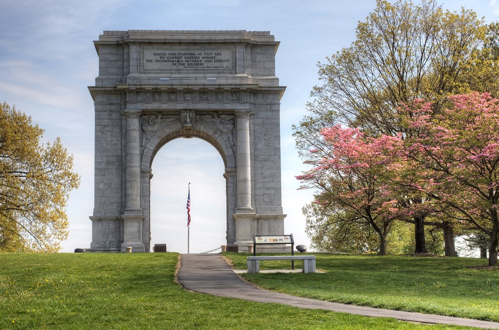 The National Memorial Arch monument dedicated to George Washington and the United States Continental Army.This monument is located at Valley Forge National Historical Park in Pennsylvania,USA.