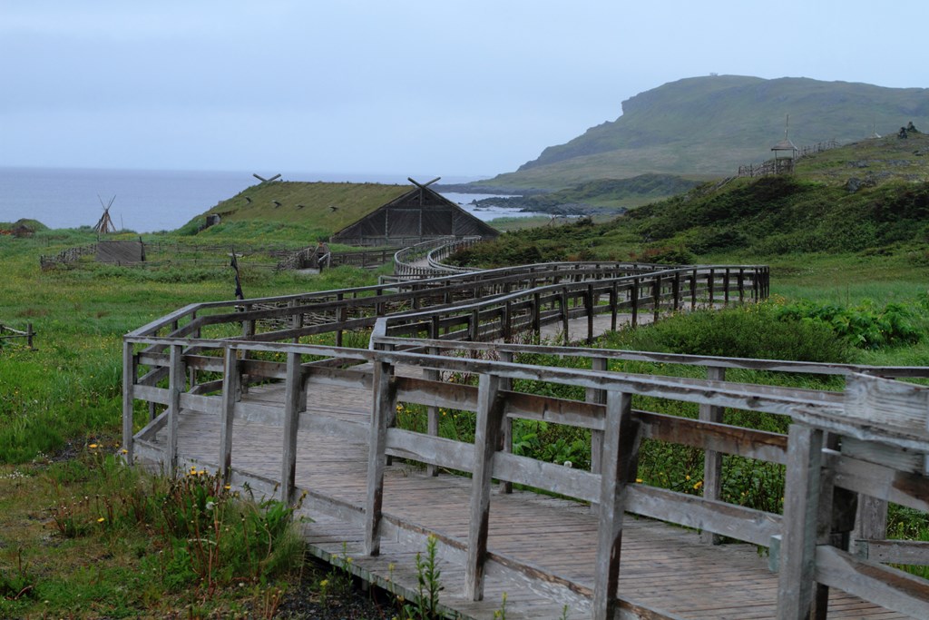 Ancient homes of Viking settlers in L'Anse aux Meadows National Historic Site on the island of Newfoundland, Canada