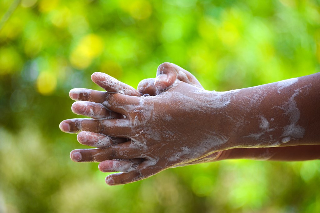 Hands of a young child washing with soap.