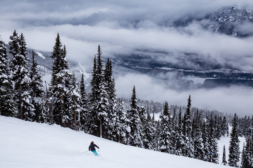 Whistler, British Columbia, Canada. Beautiful View of the Canadian Snow Covered Mountain Landscape with Man skiing down the run during a cloudy and foggy winter day.