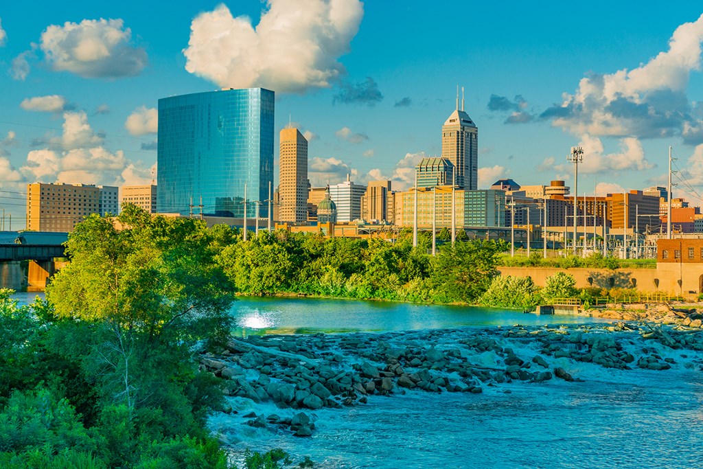 The cascading White River and the skyline of Indianapolis, Indiana 