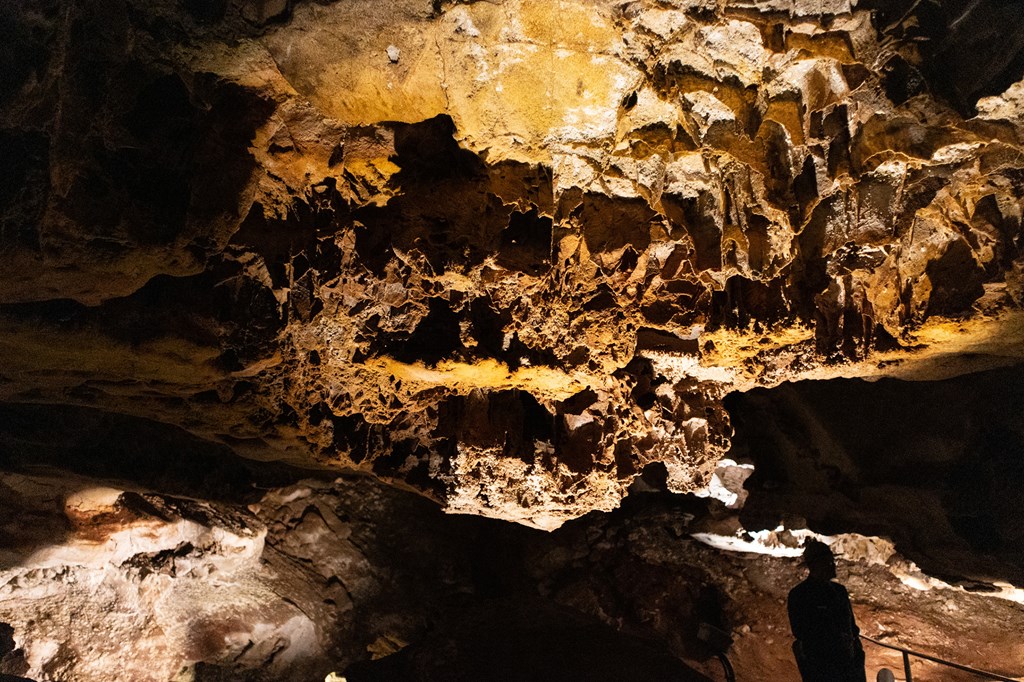 The shadow of a ranger can be seen behind the box work at Wind Cave National Park in South Dakota