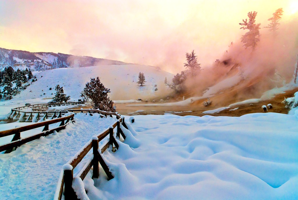 A snow covered boardwalk meanders next to a hot spring during a winter day in Yellowstone National Park.