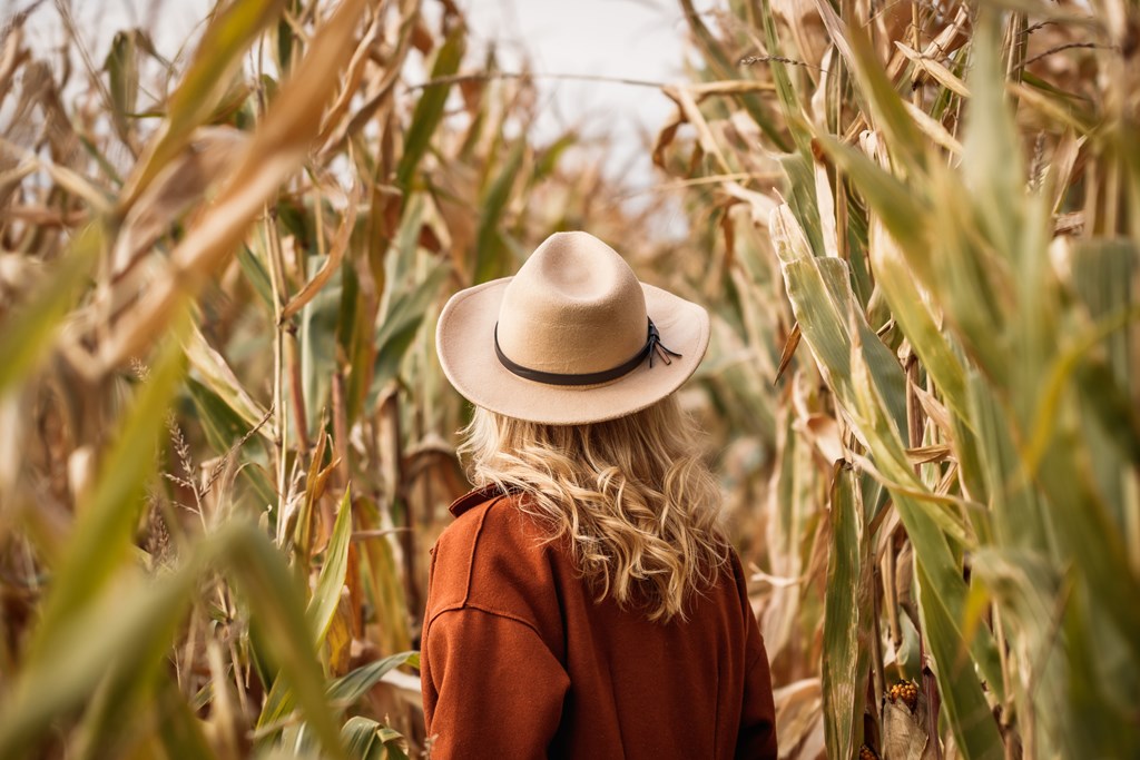 Stylish woman with red coat and cowboy hat is standing in corn field.